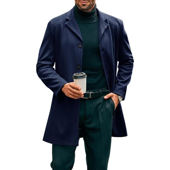 Other - Men Navy Blue Trench Coat Double Breasted Mid Long Jacket Casual Belted Overcoat